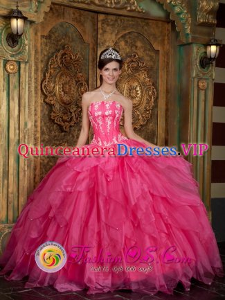 Salou Spain Gorgeous Strapless Organza Hot Pink Quinceanera Dress Appliques Ruffled Ball Gown