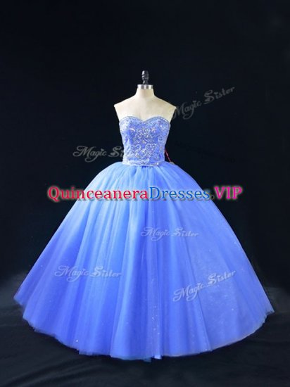 Blue Tulle Lace Up Sweetheart Sleeveless Floor Length Sweet 16 Dresses Beading - Click Image to Close