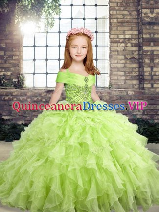 Custom Designed Yellow Green Sleeveless Floor Length Beading Lace Up Pageant Dresses