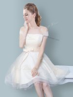 Inexpensive Champagne Empire Off The Shoulder Sleeveless Tulle Knee Length Zipper Ruching and Bowknot Quinceanera Court of Honor Dress
