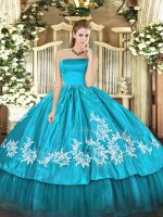 Aqua Blue Sleeveless Floor Length Embroidery Zipper 15 Quinceanera Dress
