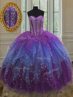 Sleeveless Floor Length Beading and Ruffles and Sequins Lace Up Sweet 16 Dresses with Multi-color