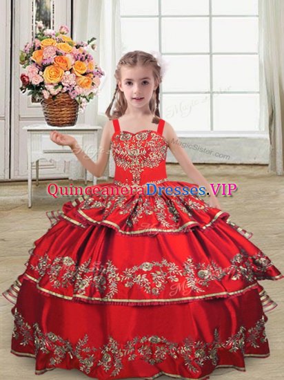 Discount Satin Straps Sleeveless Lace Up Embroidery and Ruffled Layers Kids Pageant Dress in Red - Click Image to Close