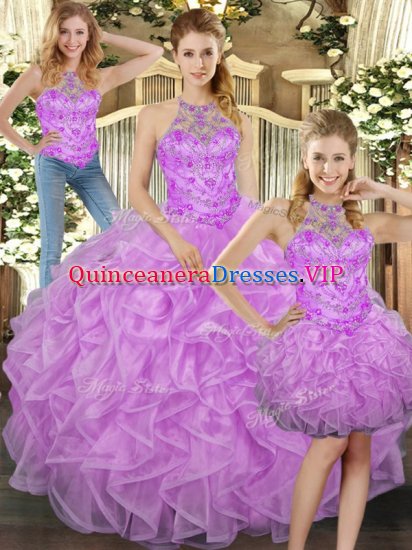 Fancy Sleeveless Tulle Floor Length Lace Up Sweet 16 Dress in Lilac with Beading and Ruffles - Click Image to Close