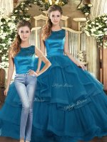 Inexpensive Scoop Sleeveless 15 Quinceanera Dress Floor Length Ruffles Teal Tulle