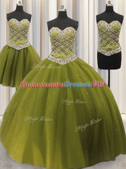 Three Piece Sequins Sweetheart Sleeveless Lace Up 15 Quinceanera Dress Olive Green Tulle - Click Image to Close