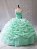Apple Green Organza Lace Up Sweetheart Sleeveless Floor Length Quinceanera Dresses Beading and Pick Ups