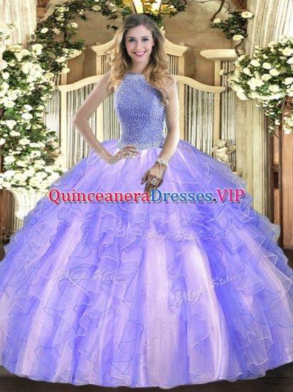Tulle High-neck Sleeveless Lace Up Beading and Ruffles Quince Ball Gowns in Lavender - Click Image to Close