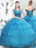 Fashionable Baby Blue Organza Lace Up Military Ball Dresses Sleeveless Brush Train Beading and Ruffled Layers