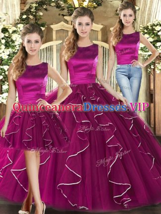 Edgy Fuchsia Scoop Neckline Ruffles Quinceanera Gown Sleeveless Lace Up
