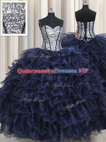 Best Selling Navy Blue Organza Lace Up Quinceanera Gowns Sleeveless Floor Length Ruffled Layers and Sequins - Click Image to Close