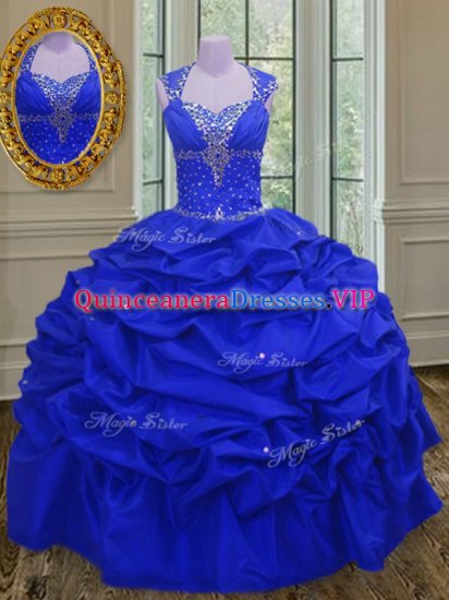 Modern Straps Floor Length Lace Up Vestidos de Quinceanera Royal Blue for Military Ball and Sweet 16 with Beading and Pick Ups - Click Image to Close