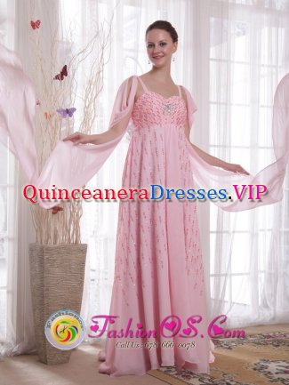 Kahului Hawaii/HI Pink Straps Chiffon Empire Beading and Sequins Quinceanera Dama Dress With Watteau Train