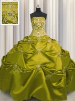 Glamorous Olive Green Sleeveless Floor Length Beading and Appliques and Embroidery Lace Up Quinceanera Gowns