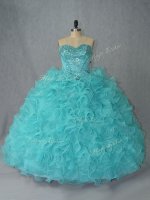 Free and Easy Beading and Ruffles Quince Ball Gowns Aqua Blue Lace Up Sleeveless