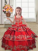 Discount Satin Straps Sleeveless Lace Up Embroidery and Ruffled Layers Kids Pageant Dress in Red