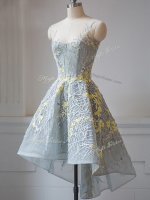 Beautiful High Low Criss Cross Quinceanera Court of Honor Dress Grey for Prom and Party and Wedding Party with Lace