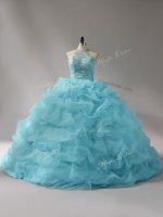 Nice Sleeveless Court Train Beading and Pick Ups Lace Up Ball Gown Prom Dress