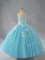 Aqua Blue Ball Gowns Spaghetti Straps Sleeveless Tulle Floor Length Lace Up Beading and Appliques Little Girls Pageant Gowns