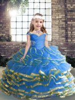 Super Tulle Straps Sleeveless Lace Up Beading and Ruffled Layers and Ruching Girls Pageant Dresses in Blue