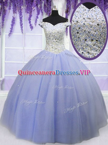 Pretty Lavender Ball Gowns Tulle Off The Shoulder Short Sleeves Beading Floor Length Lace Up Sweet 16 Dresses - Click Image to Close