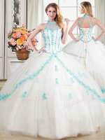Affordable Halter Top White Sleeveless Beading and Appliques Floor Length Quinceanera Dress(SKU PSSW0374MTBIZ)