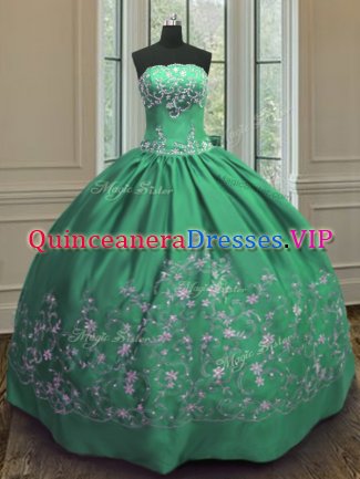 Gorgeous Strapless Sleeveless Satin Quince Ball Gowns Embroidery Lace Up