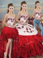 White And Red Ball Gowns Organza Sweetheart Sleeveless Embroidery and Ruffles and Bowknot Floor Length Lace Up Quince Ball Gowns