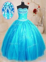 Sleeveless Floor Length Beading and Appliques Lace Up Sweet 16 Quinceanera Dress with Baby Blue