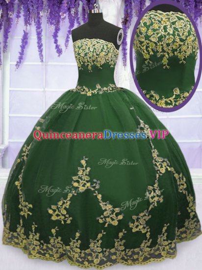 Glorious Sleeveless Tulle Floor Length Zipper Sweet 16 Dresses in Dark Green with Appliques - Click Image to Close
