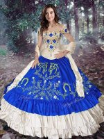 Traditional Off The Shoulder Sleeveless Sweet 16 Dress Floor Length Embroidery and Ruffled Layers Royal Blue Taffeta