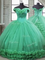 Extravagant Turquoise Quince Ball Gowns Off The Shoulder Sleeveless Brush Train Lace Up(SKU PSSW0718BIZ)