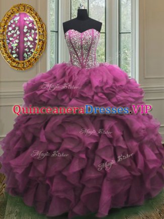 Beading and Ruffles Vestidos de Quinceanera Fuchsia Lace Up Sleeveless Floor Length