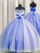 Unique Spaghetti Straps Sleeveless Quince Ball Gowns Floor Length Beading and Sequins and Ruching Blue And White Organza