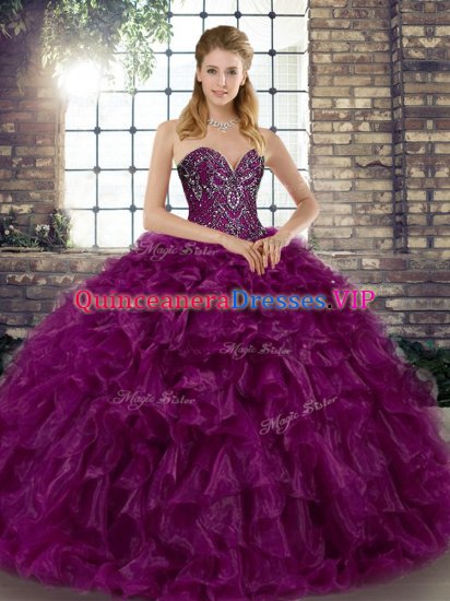 Purple Ball Gowns Beading and Ruffles Quinceanera Dress Lace Up Organza Sleeveless Floor Length - Click Image to Close