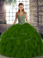Custom Fit Organza Sleeveless Floor Length 15th Birthday Dress and Beading and Ruffles