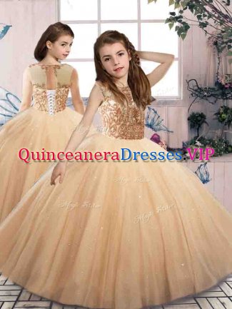 High Quality Scoop Sleeveless Lace Up Little Girls Pageant Dress Wholesale Champagne Tulle