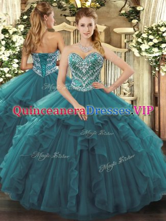 Cheap Turquoise Ball Gowns Sweetheart Sleeveless Tulle Floor Length Lace Up Beading and Ruffles Quinceanera Gowns