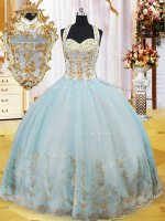 Edgy Halter Top Light Blue Sleeveless Appliques Floor Length Quince Ball Gowns