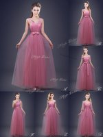 Pink Tulle Lace Up V-neck Sleeveless Floor Length Dama Dress Beading and Appliques and Ruching and Bowknot and Hand Made Flower