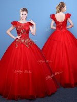 Eye-catching Scoop Floor Length Red Quinceanera Gown Tulle Short Sleeves Appliques