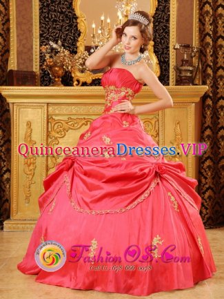 Chilwell East Midlands Stylish Strapless Watermelon Red Beading and Appliques Quinceanera Dress Party Style