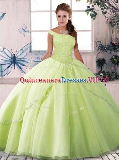 Yellow Green Lace Up Off The Shoulder Beading Sweet 16 Quinceanera Dress Tulle Sleeveless Brush Train - Click Image to Close
