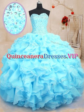 Clearance Baby Blue Organza Lace Up Sweetheart Sleeveless Floor Length Quinceanera Dress Beading and Ruffles