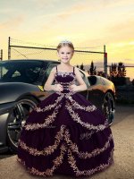 Trendy Ball Gowns Pageant Dress for Girls Dark Purple Straps Satin Sleeveless Floor Length Lace Up