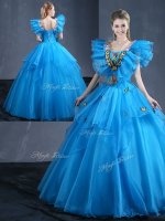 Romantic Floor Length Baby Blue Sweet 16 Dresses Organza Sleeveless Appliques and Ruffles(SKU YCQD0156BIZ)