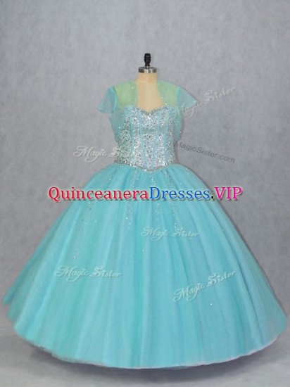 Clearance Floor Length Aqua Blue Quinceanera Dress Tulle Sleeveless Beading - Click Image to Close