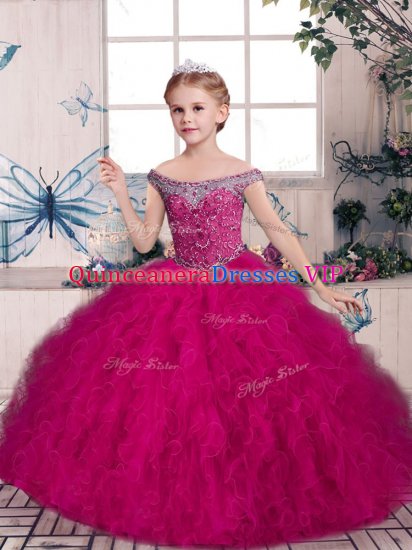 Trendy Fuchsia Off The Shoulder Neckline Beading and Ruffles Little Girls Pageant Dress Wholesale Sleeveless Lace Up - Click Image to Close
