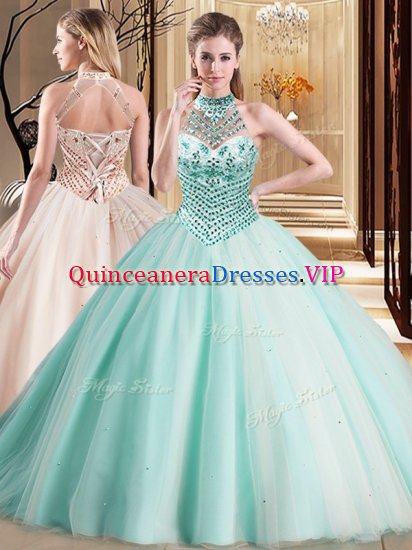 Halter Top Sleeveless Brush Train Beading Lace Up Quince Ball Gowns - Click Image to Close
