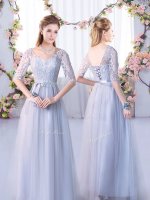 Grey Empire V-neck Half Sleeves Tulle Floor Length Lace Up Lace Vestidos de Damas